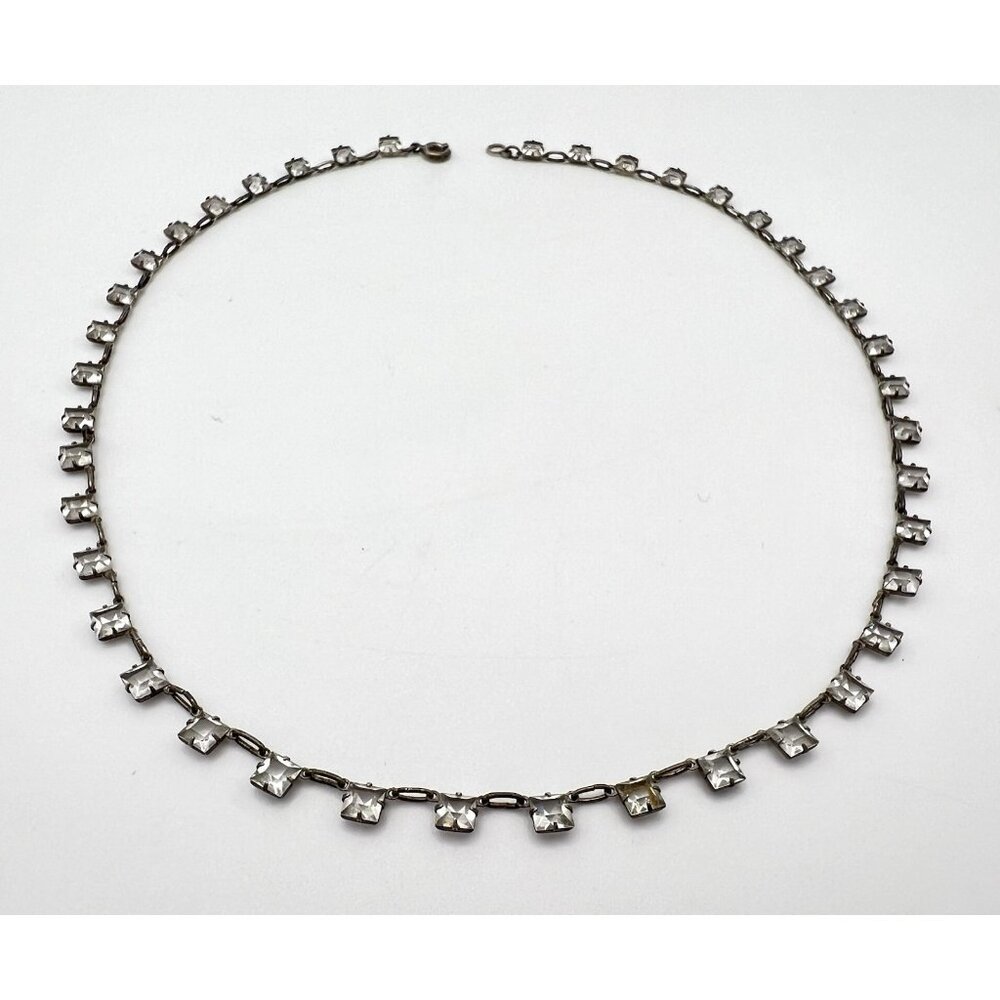 Antique Art Deco Dainty Sterling Silver Open Back Crystal Necklace - Picture 5 of 13